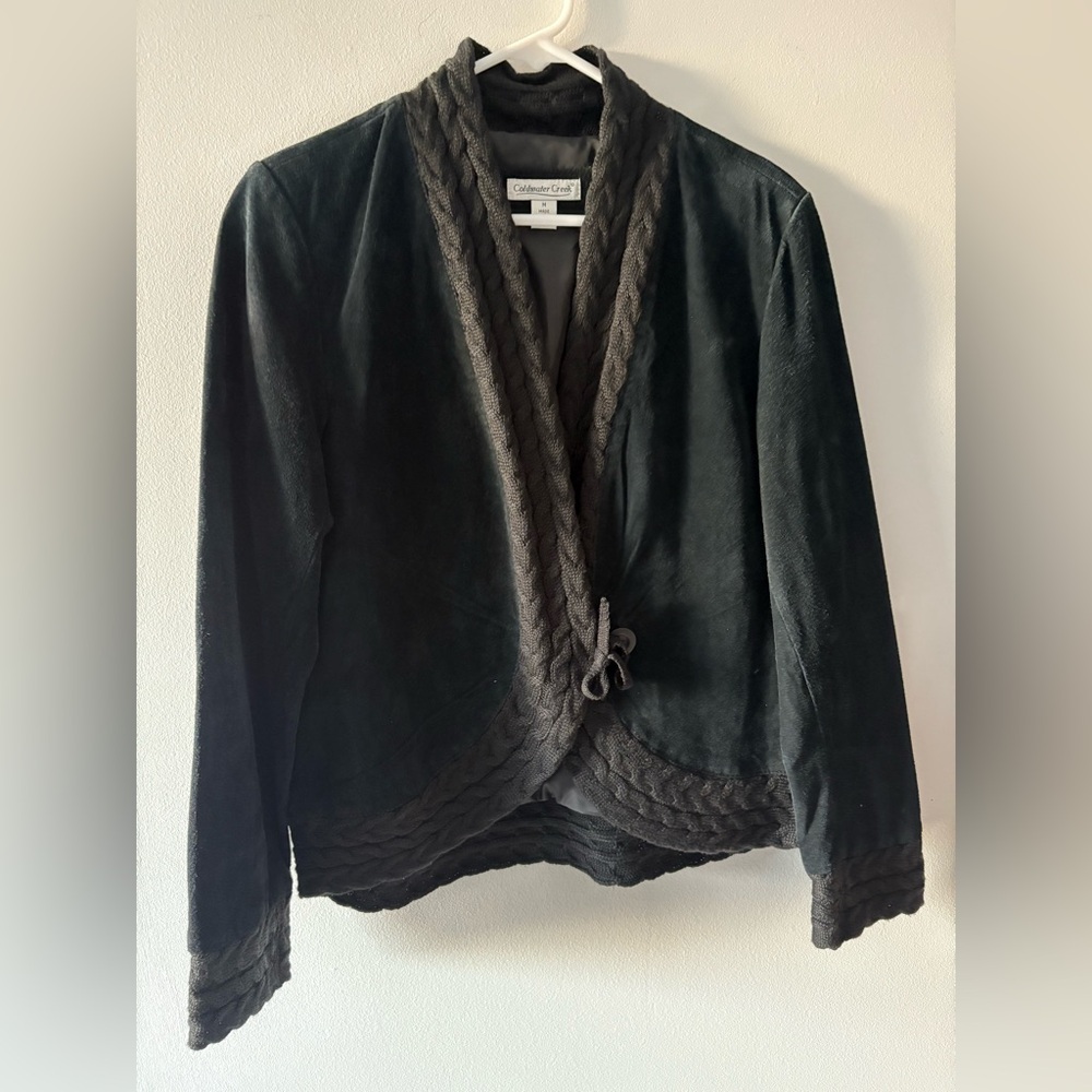 Coldwater Creek Black Genuine Suede Sweater Jacket with Braided Knit Trim. Sz M